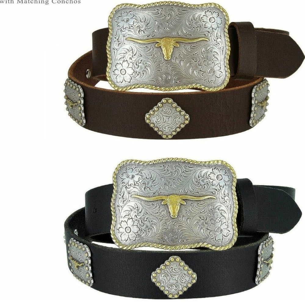 Leather longhorn steer belt buckle and concho belt. MESSAGE ME WITH COLO…